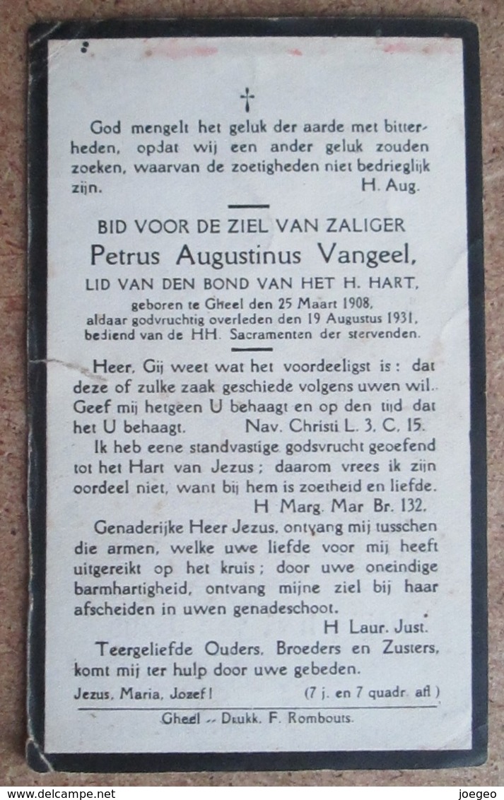 Petrus Augustinus Vangeel - Gheel 25 Maart 1908 - 19 Augustus 1931 / ETAT - Esquela