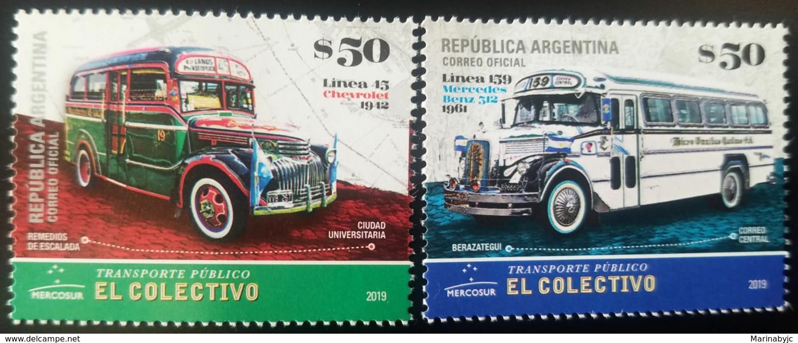 V) 2019 ARGENTINA, OLD BUSES TRANSPORT VINTAGE, EL COLECTIVO, LINE 45-CHEVROLET 1942, LINE 159-MERCEDES BENZ 1961, MNH - Unused Stamps