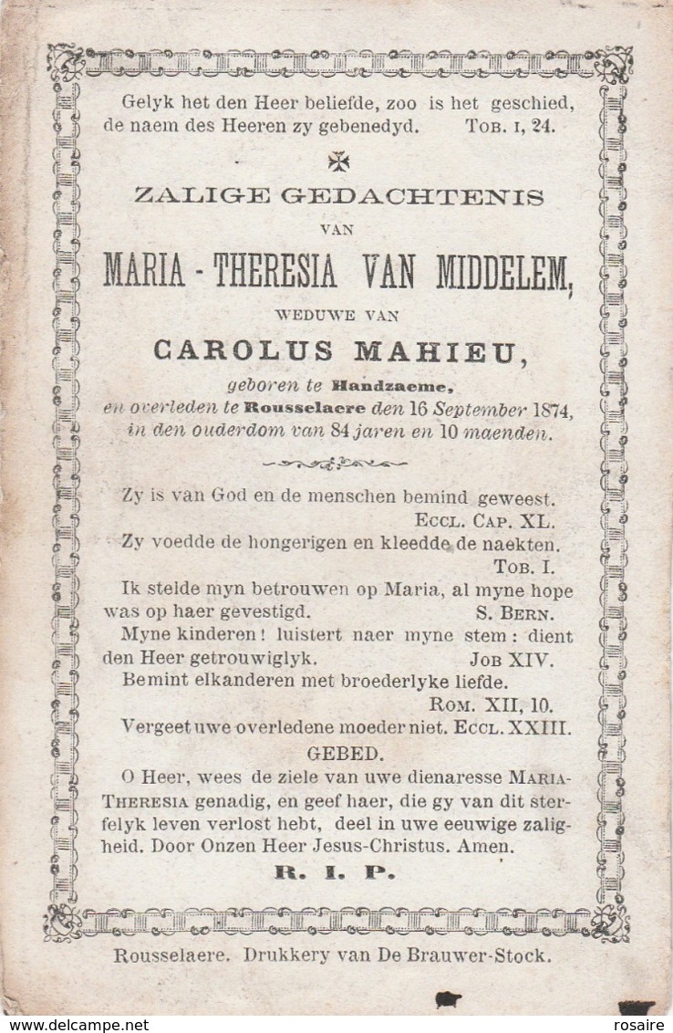 Prentje  Van Middelem -handzaeme-rousselaere 1874 - Devotion Images