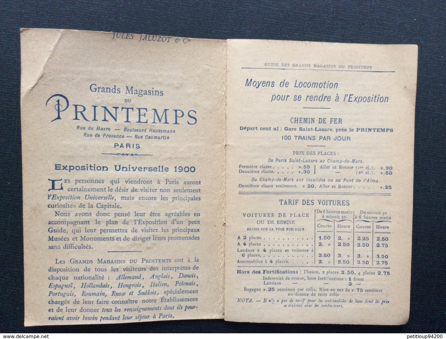 PLAN & GUIDE Offert Par Les Grands Magasins Du PRINTEMPS Paris  EXPOSITION UNIVERSELLE 1900  Jules Jaluzot & Cie - Europa