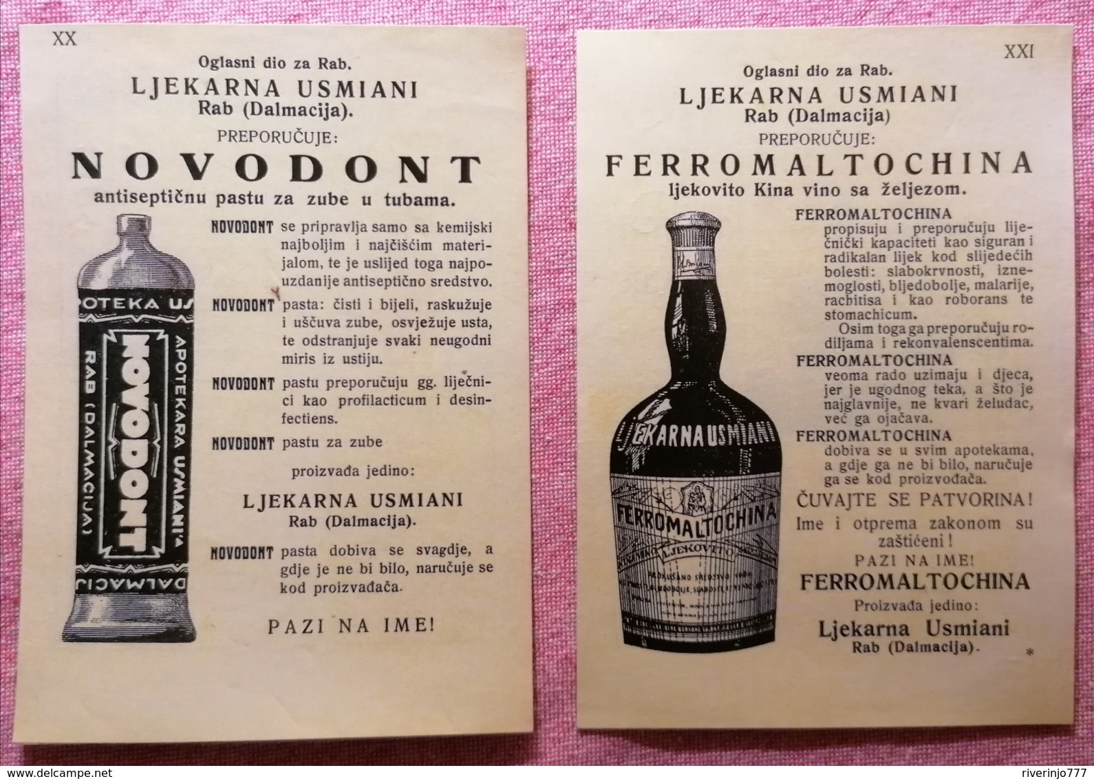 Lot Of Two Reclame Ljekarna Usmiani  Saluti Arbe Rab Croatia Carnaro - Advertising