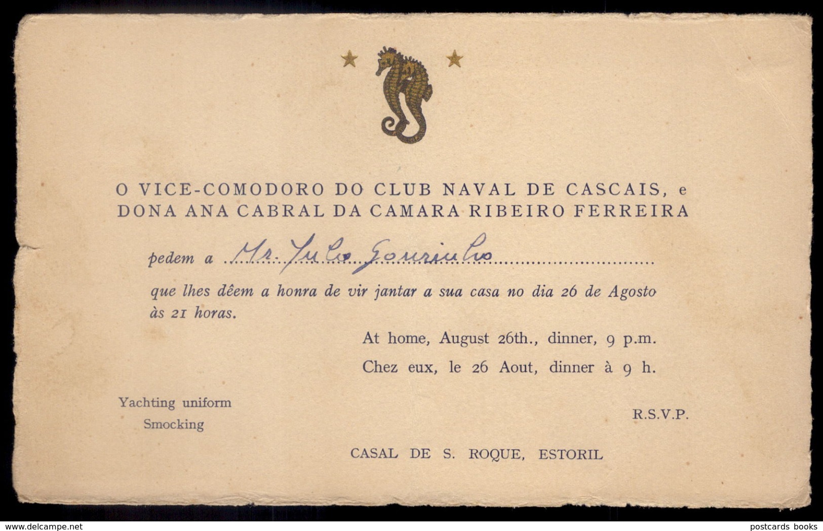 VICE COMODORO Do CLUB NAVAL De CASCAIS E D.ANA CABRAL CAMARA Convite Casa De.S,Roque ESTORIL Yatching Uniform - Autres & Non Classés