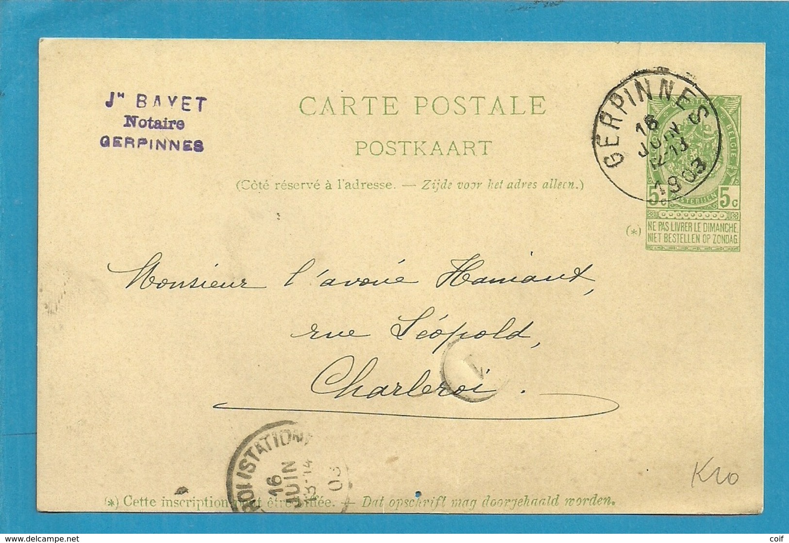 Entier Met Stempel GERPINNES - Postcards 1871-1909