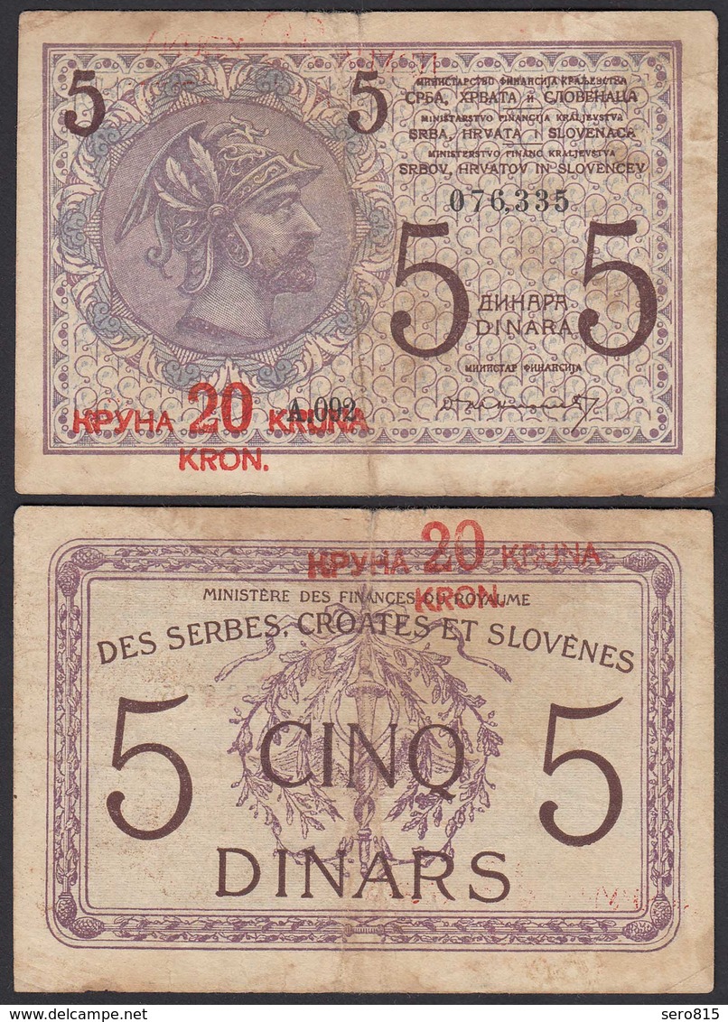 JUGOSLAWIEN - YUGOSLAVIA -  20 KRUNA Auf 5 Dinara 1919 F- (4-) Pick 16 (25143 - Joegoslavië