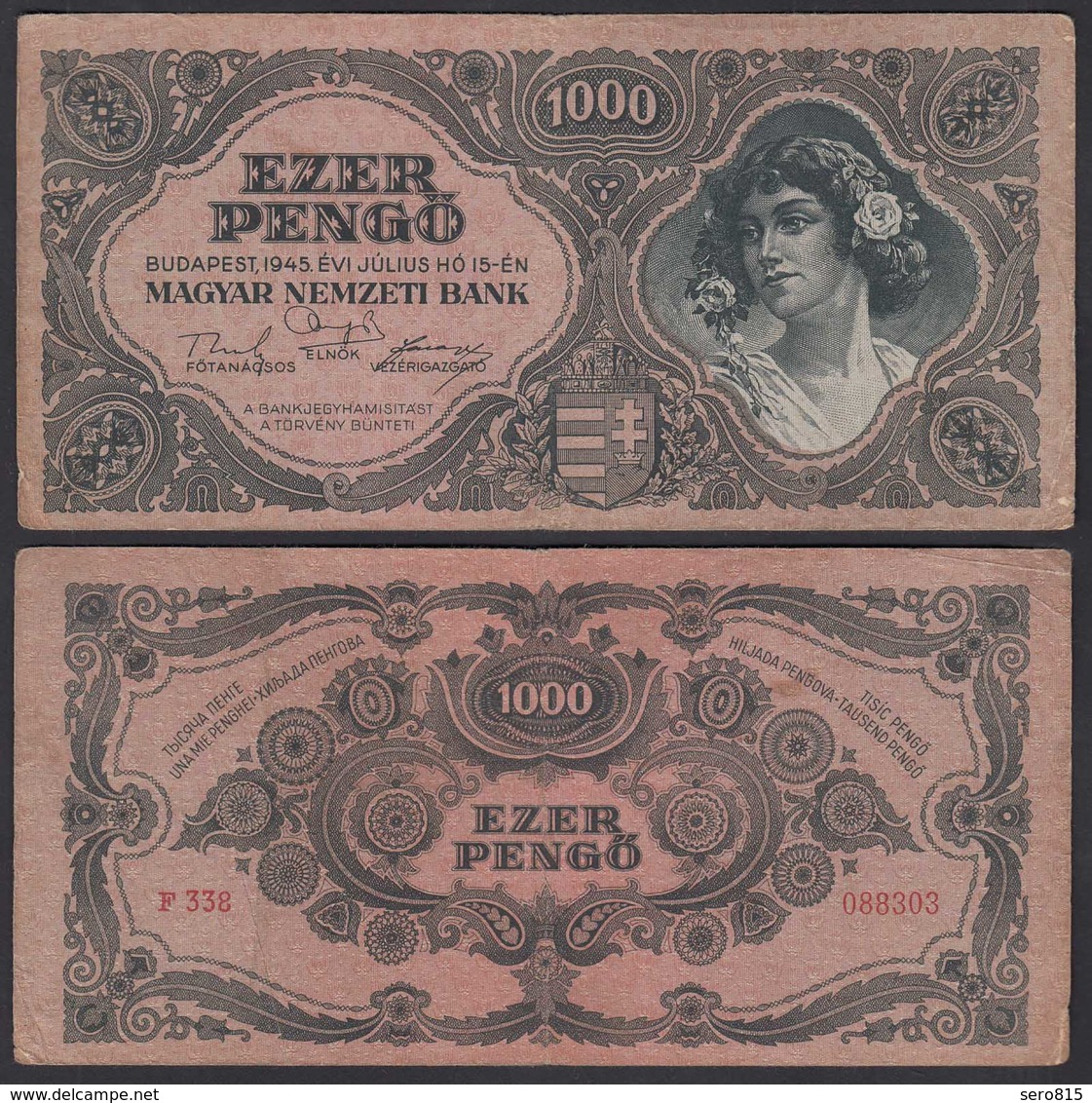 Ungarn - Hungary 1000 Pengo Banknote 1945 Pick 118a VF (3)  (25162 - Ungarn