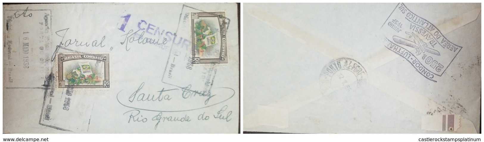 O) 1938 BRAZIL, CONDOR LUFTHANSA - TRAVESSIA AEREA DO ATLANTICO -1 CENSURA, FEDERAL, BAGS OF BRAZILIAN COFFEE - PONTA DO - Covers & Documents