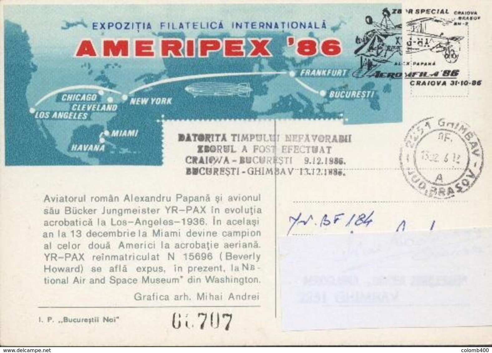 AVION BIPLAN D' Alexandru PAPANA,champion D'acrobatie 1936 Exp AMERIPEX'86 / BF 184  Carte Maximum.Voir Scan Roumanie - Covers & Documents
