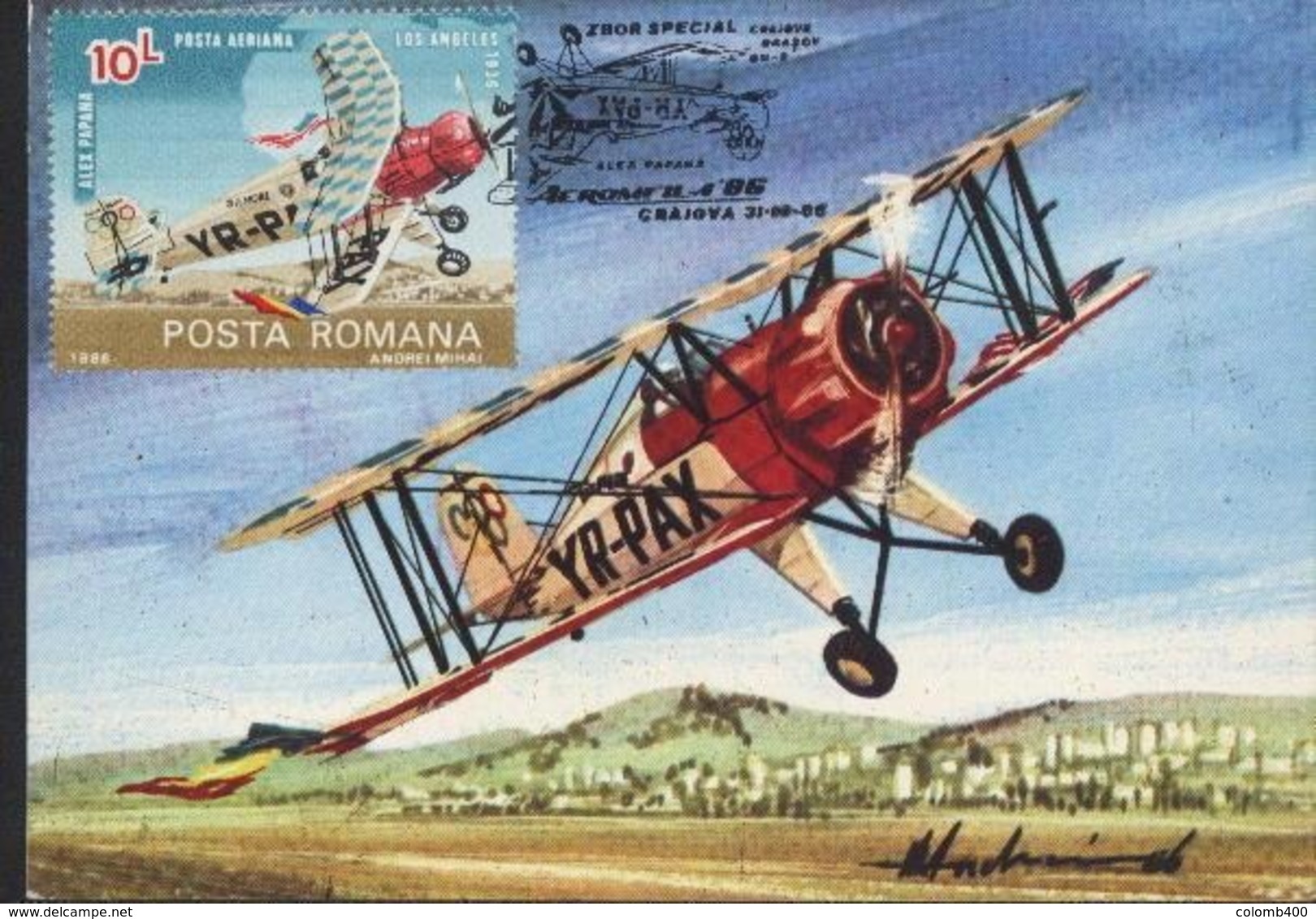 AVION BIPLAN D' Alexandru PAPANA,champion D'acrobatie 1936 Exp AMERIPEX'86 / BF 184  Carte Maximum.Voir Scan Roumanie - Briefe U. Dokumente