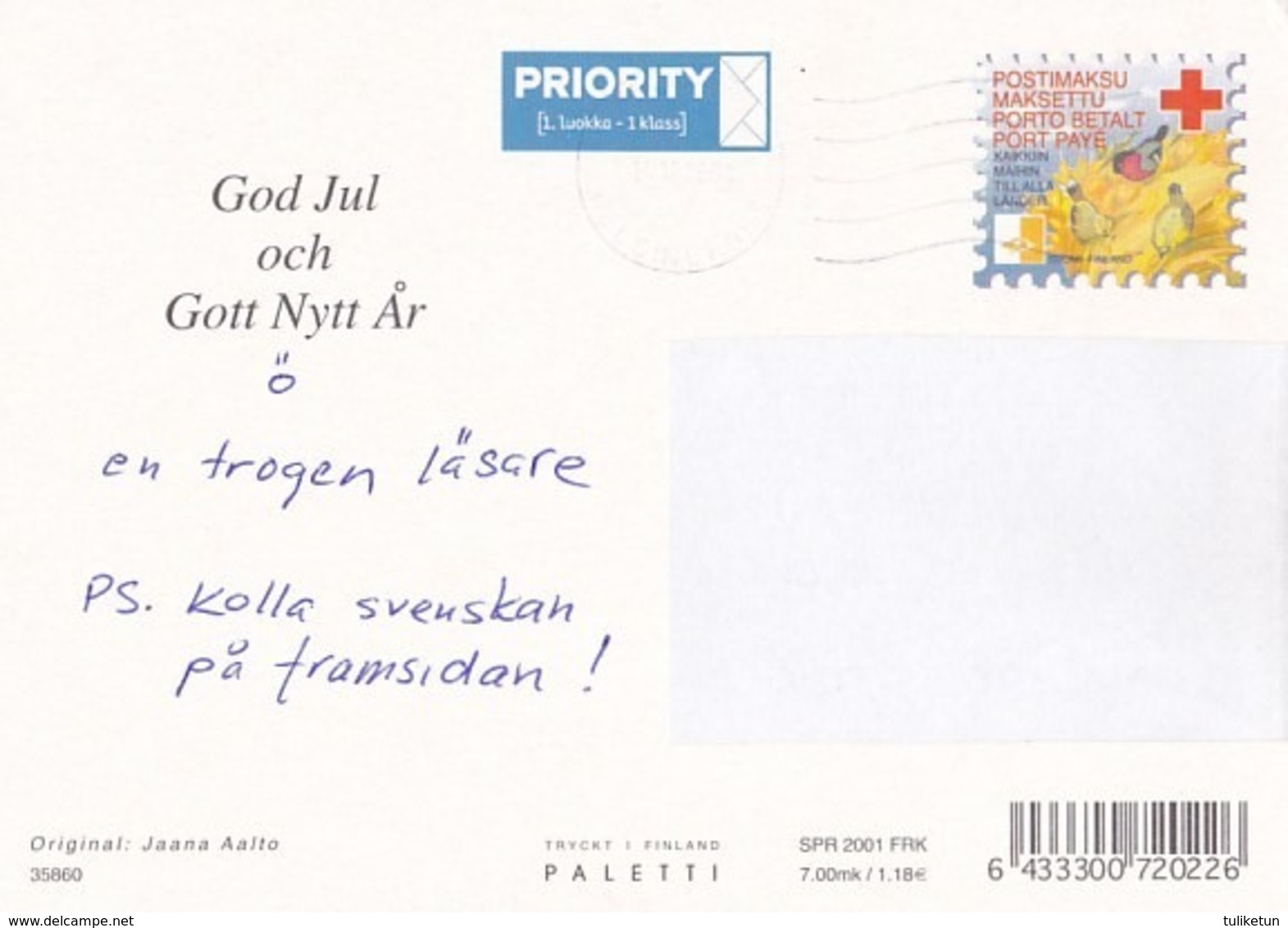 Postal Stationery - Birds - Bullfinches In Winter Landscape - Red Cross 2001 - Suomi Finland - Postage Paid - Postal Stationery