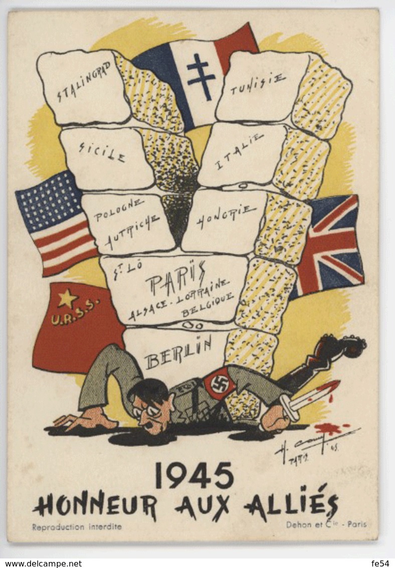 ° SATIRIQUE WW2 ° HITLER ° HONNEUR AUX ALLIES 1945 ° Illustrateur H. COMY? ° - Humor