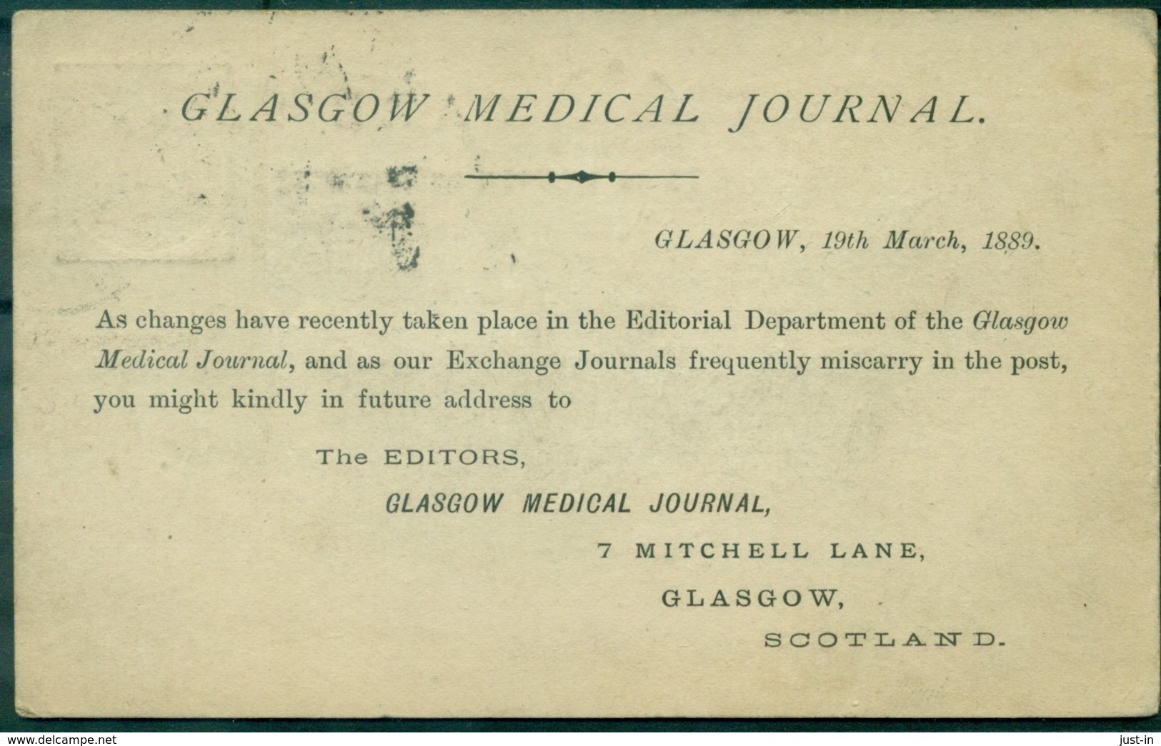 G.B. CPEP 1889 Repiquée Journal Médical GLASGOW Pour PARIS TB.(format : 120 X 75). - Entiers Postaux