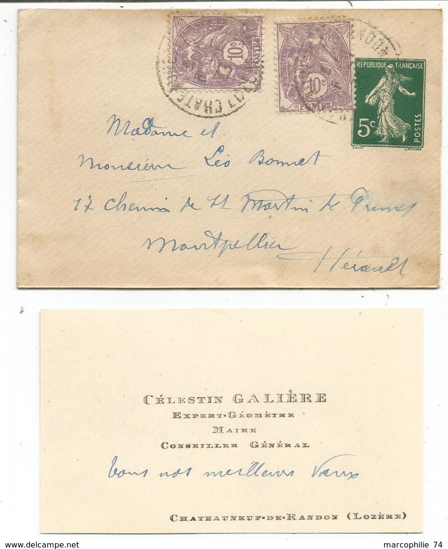 BLANC 10CX2 SUR ENTIER 5C SEMEUSE MIGNONNETTE CHATEAUNEUF LOZERE AVEC SA CARTE - 1921-1960: Modern Period