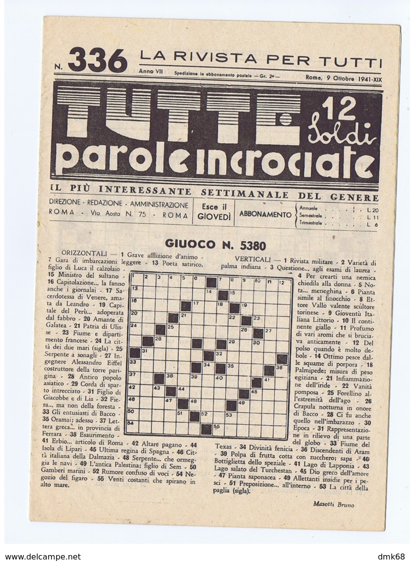 LA RIVISTA PER TUTTI - TUTTE PAROLE INCROCIATE  - NUOVA - 9 OTTOBRE 1941 - Jeux