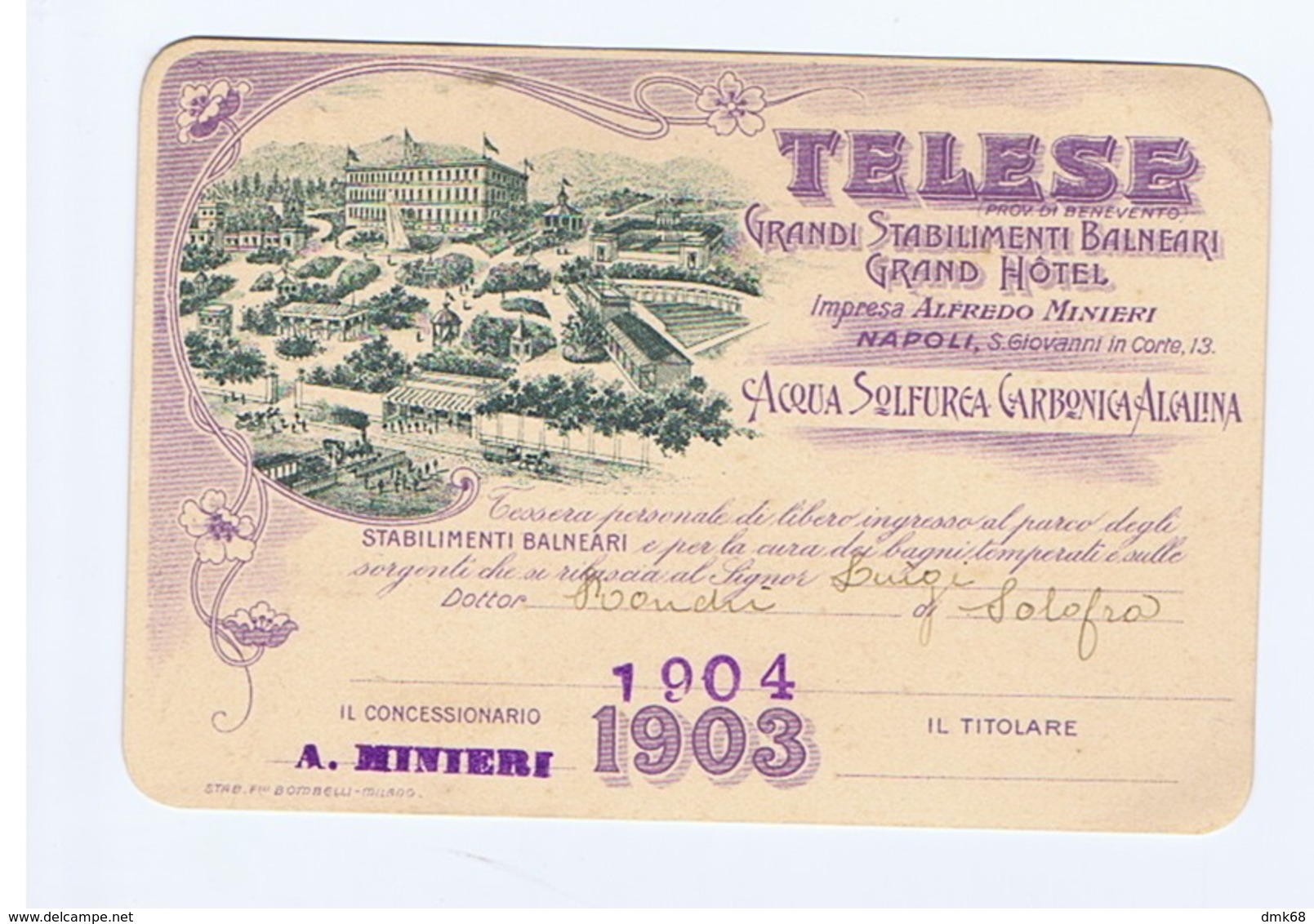 TELESE ( BENEVENTO ) GRANDI STABILIMENTI BALNEARI GRAND HOTEL - TESSERA 1904 ( 3703 ) - Documenti Storici