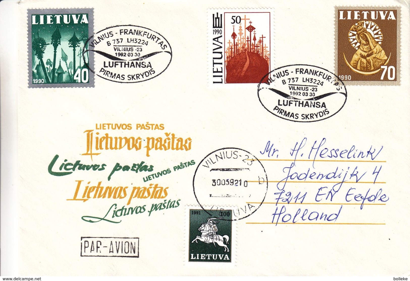 Lituanie - Lettre De 1992 - Oblit Vilnius - 1er Vol Vilnius Frankfurt - - Lituanie
