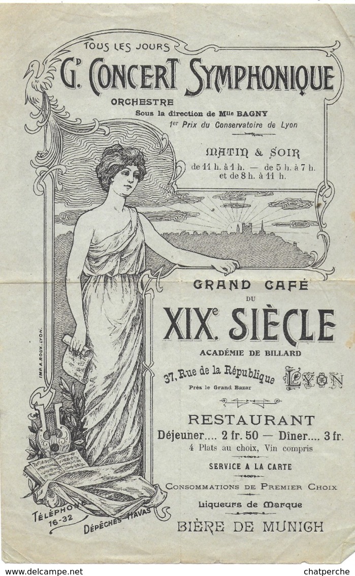 AFFICHE AFFICHETTE PUBLICITÉ GRAND CAFÉ DU XIX SIÈCLE LYON 69 RUE DE LA RÉPUBLIQUE CONCERT SYMPHONIQUE RESTAURANT BIERE - Affiches