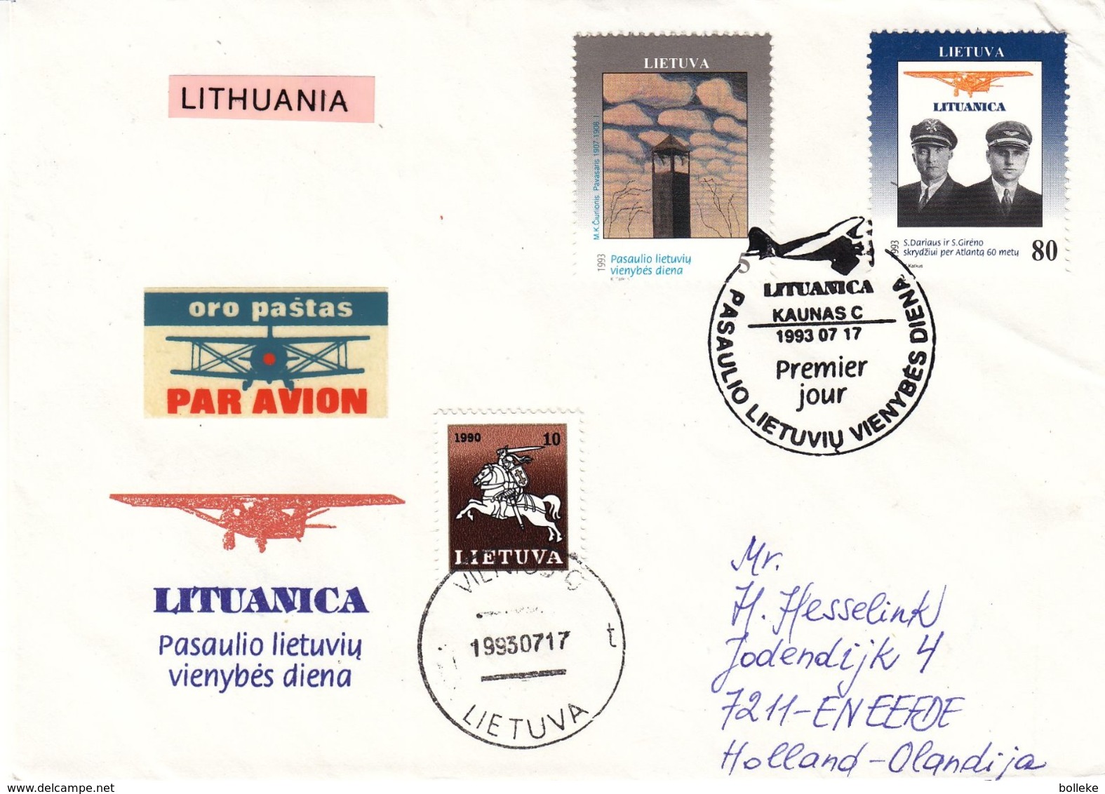 Lituanie - Lettre De 1993 - Oblit Kaunas - Exp Vers Eefde - Aviateurs - Cachet De Vilnius - Lituanie