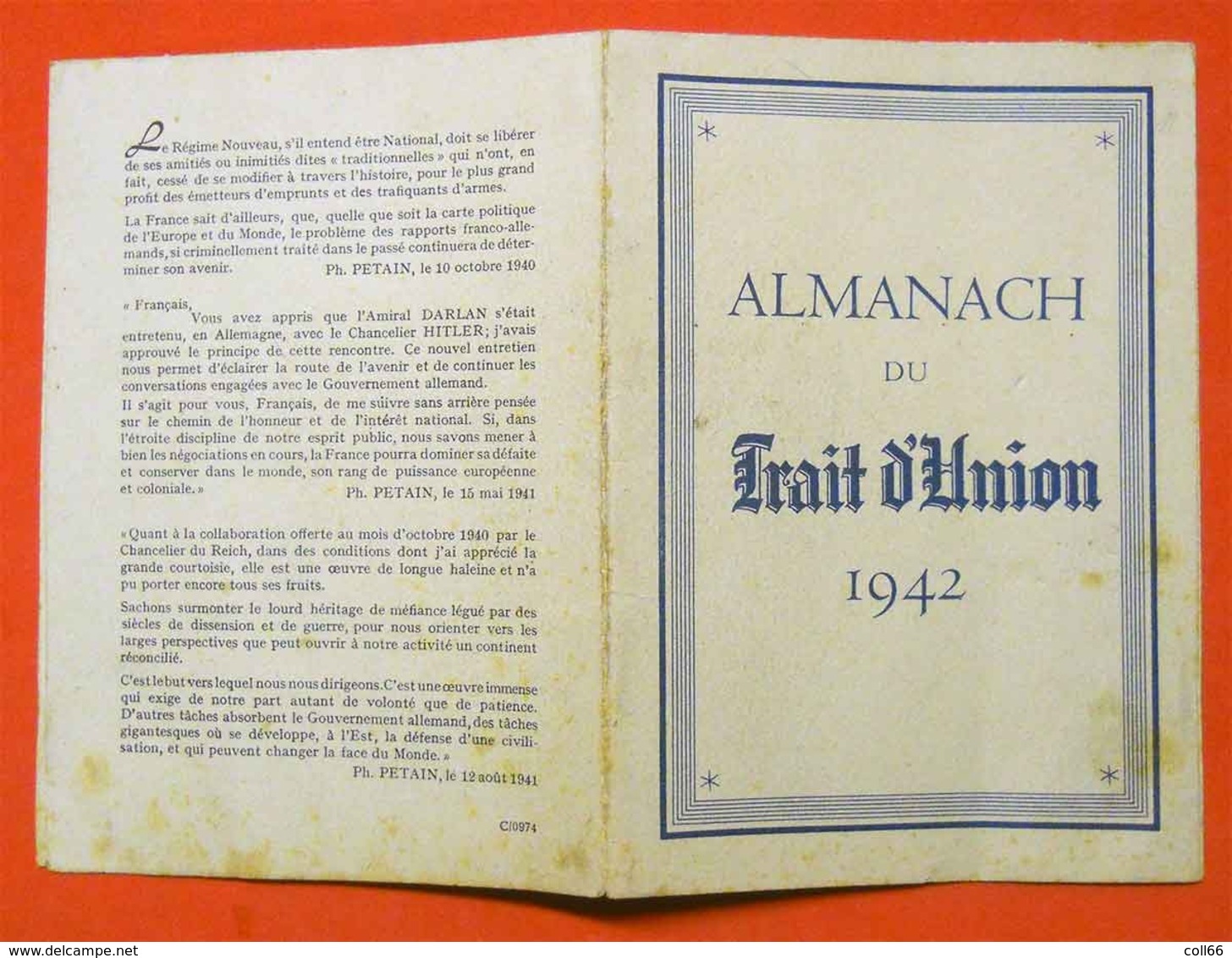 Ww2 RARE 1942 Almanach Du Trait D'Union Calendrier Avec Monuments  Maréchal Pétain Editeur Non Précisé - Documents