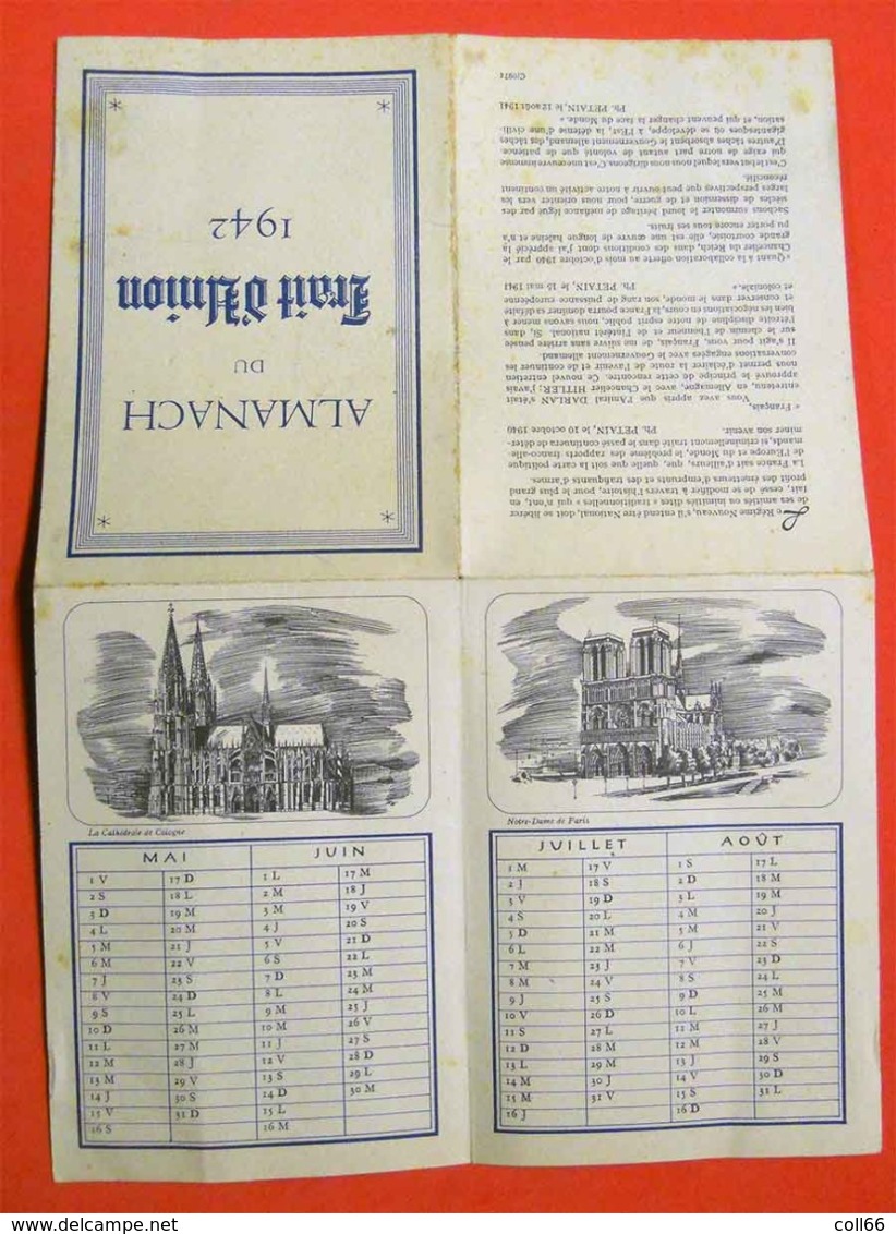 Ww2 RARE 1942 Almanach Du Trait D'Union Calendrier Avec Monuments  Maréchal Pétain Editeur Non Précisé - Documents