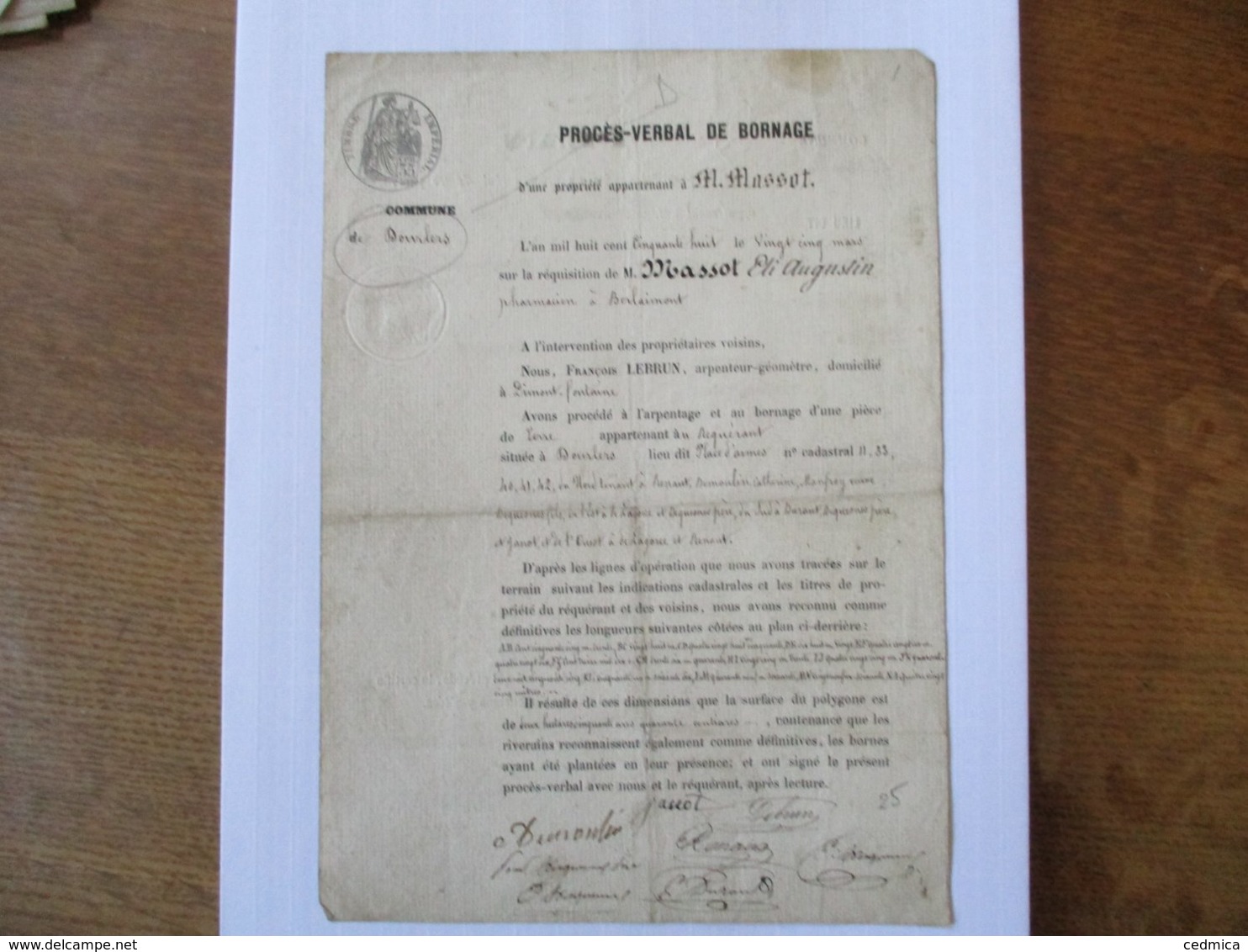 DOURLERS LE 25 MARS 1858 PROCES-VERBAL DE BORNAGE FRANCOIS LEBRUN ARPENTEUR GEOMETRE REQUISITION M.MASSOT PHARMACIEN A B - Documents Historiques