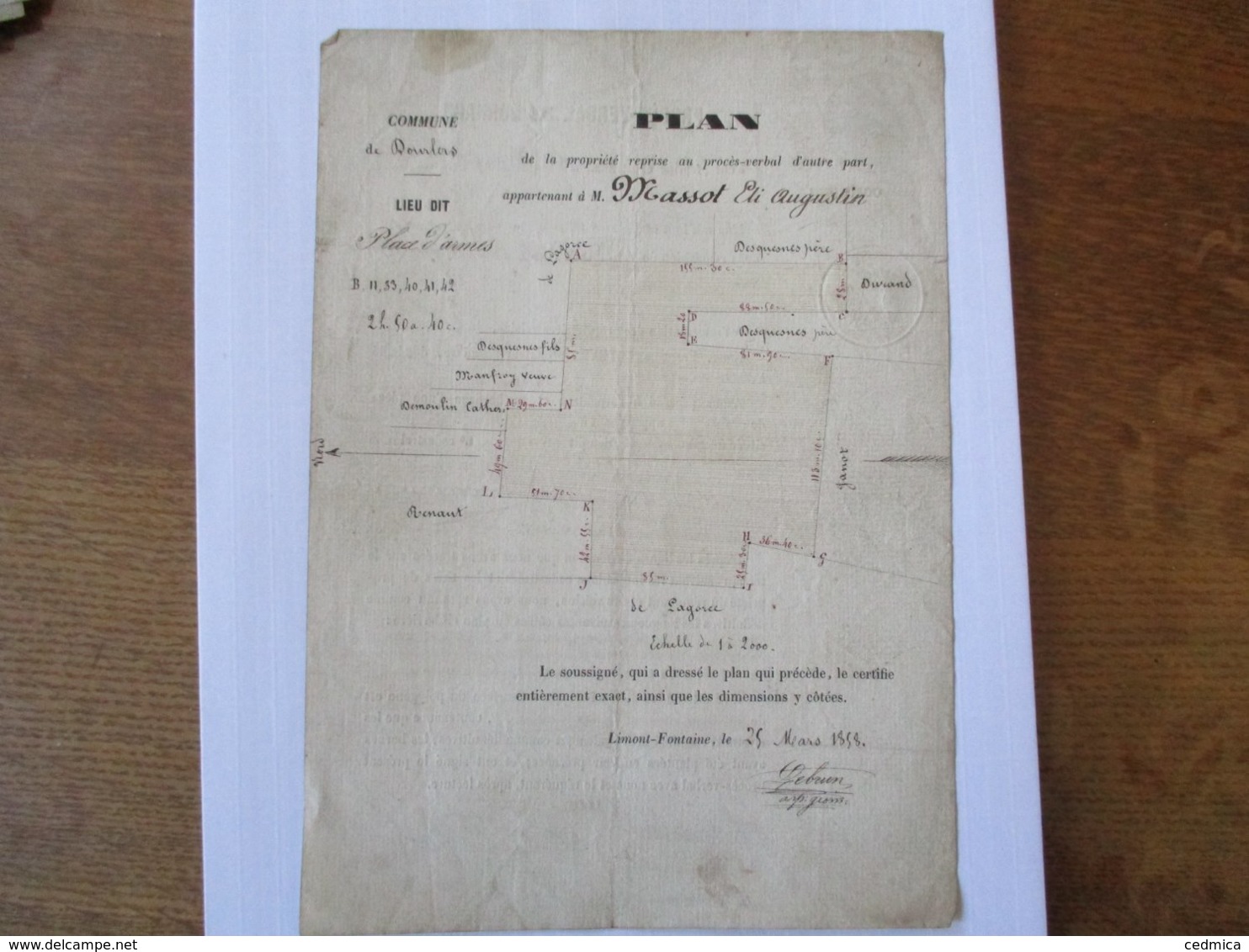 DOURLERS LE 25 MARS 1858 PROCES-VERBAL DE BORNAGE FRANCOIS LEBRUN ARPENTEUR GEOMETRE REQUISITION M.MASSOT PHARMACIEN A B - Documents Historiques