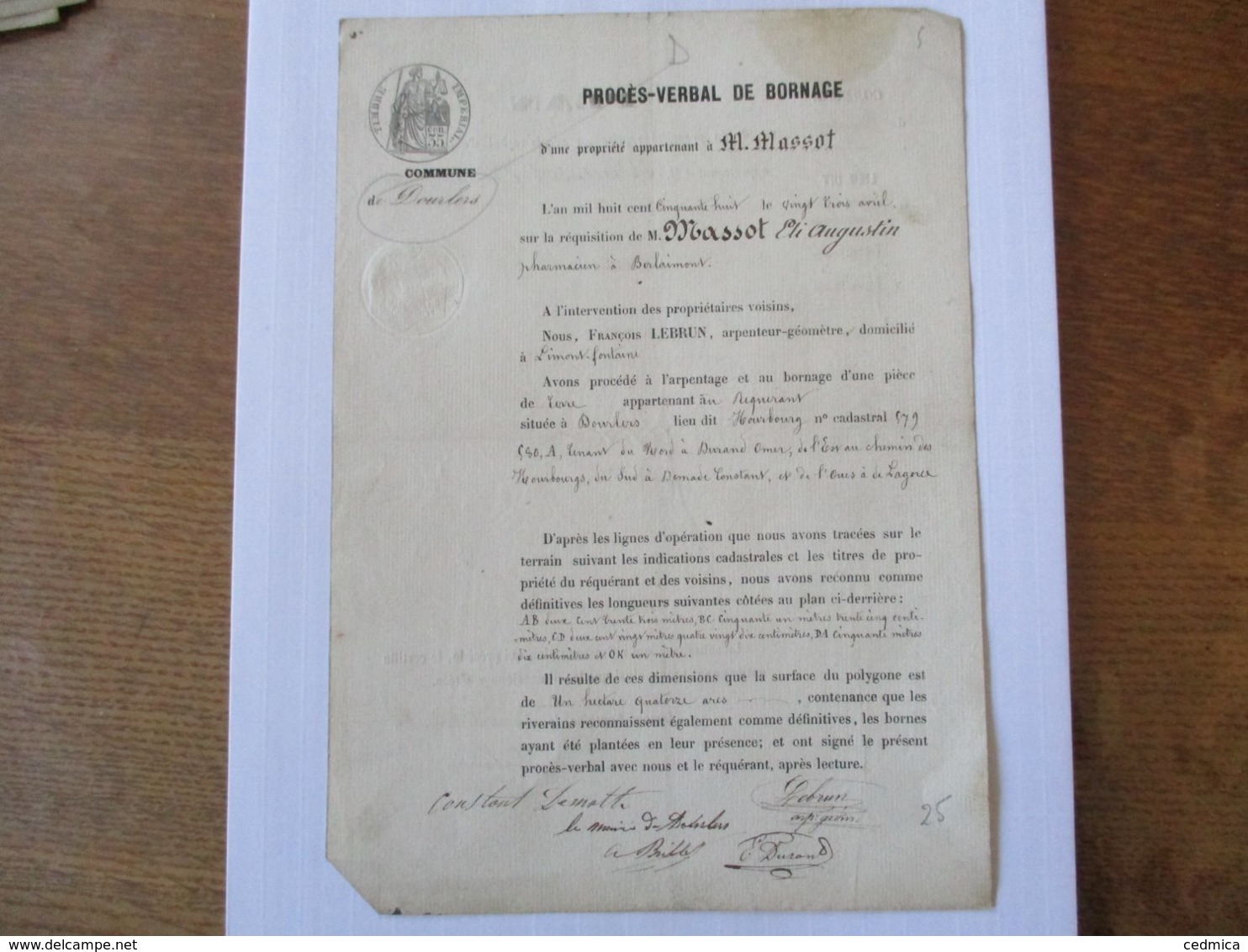 DOURLERS LE 23 AVRI 1858 PROCES-VERBAL DE BORNAGE FRANCOIS LEBRUN ARPENTEUR GEOMETRE REQUISITION M.MASSOT PHARMACIEN A B - Documents Historiques