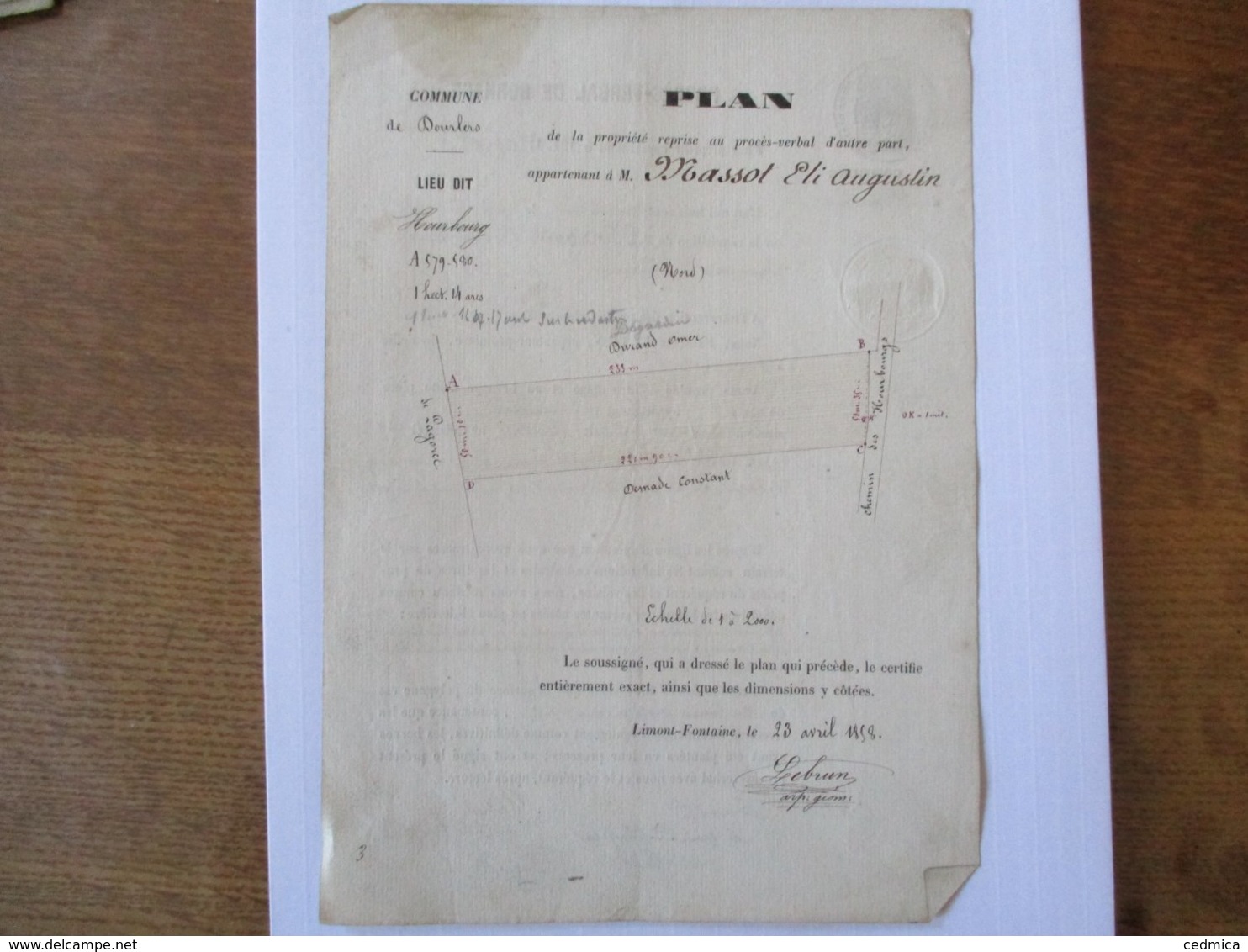 DOURLERS LE 23 AVRI 1858 PROCES-VERBAL DE BORNAGE FRANCOIS LEBRUN ARPENTEUR GEOMETRE REQUISITION M.MASSOT PHARMACIEN A B - Documents Historiques