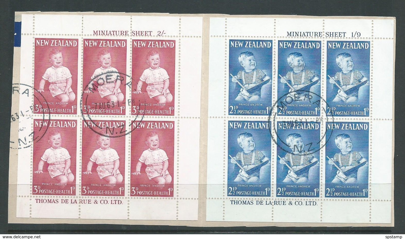 New Zealand 1963 Health Charity Prince Andrew  Both Miniature Sheets FU On Piece Central Moera Cds - Used Stamps