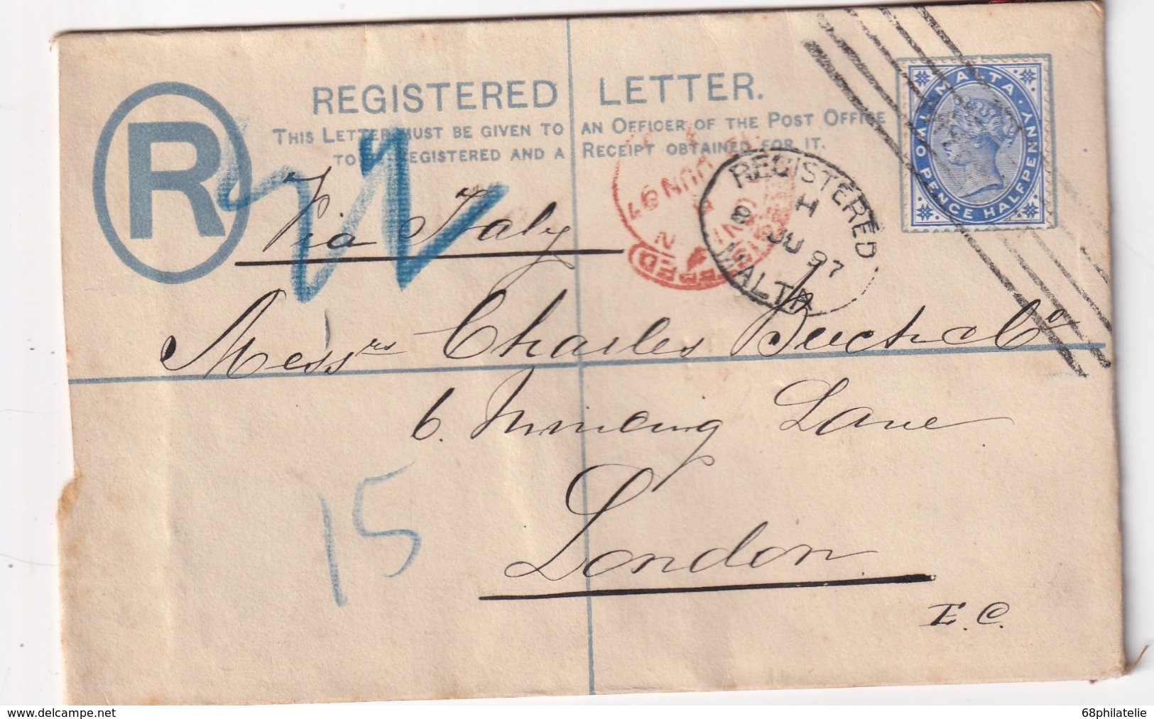 MALTE 1897      ENTIER POSTAL/GANZSACHE/POSTAL STATIONERY  LETTRE RECOMMANDEE POUR LONDRES - Malte (...-1964)