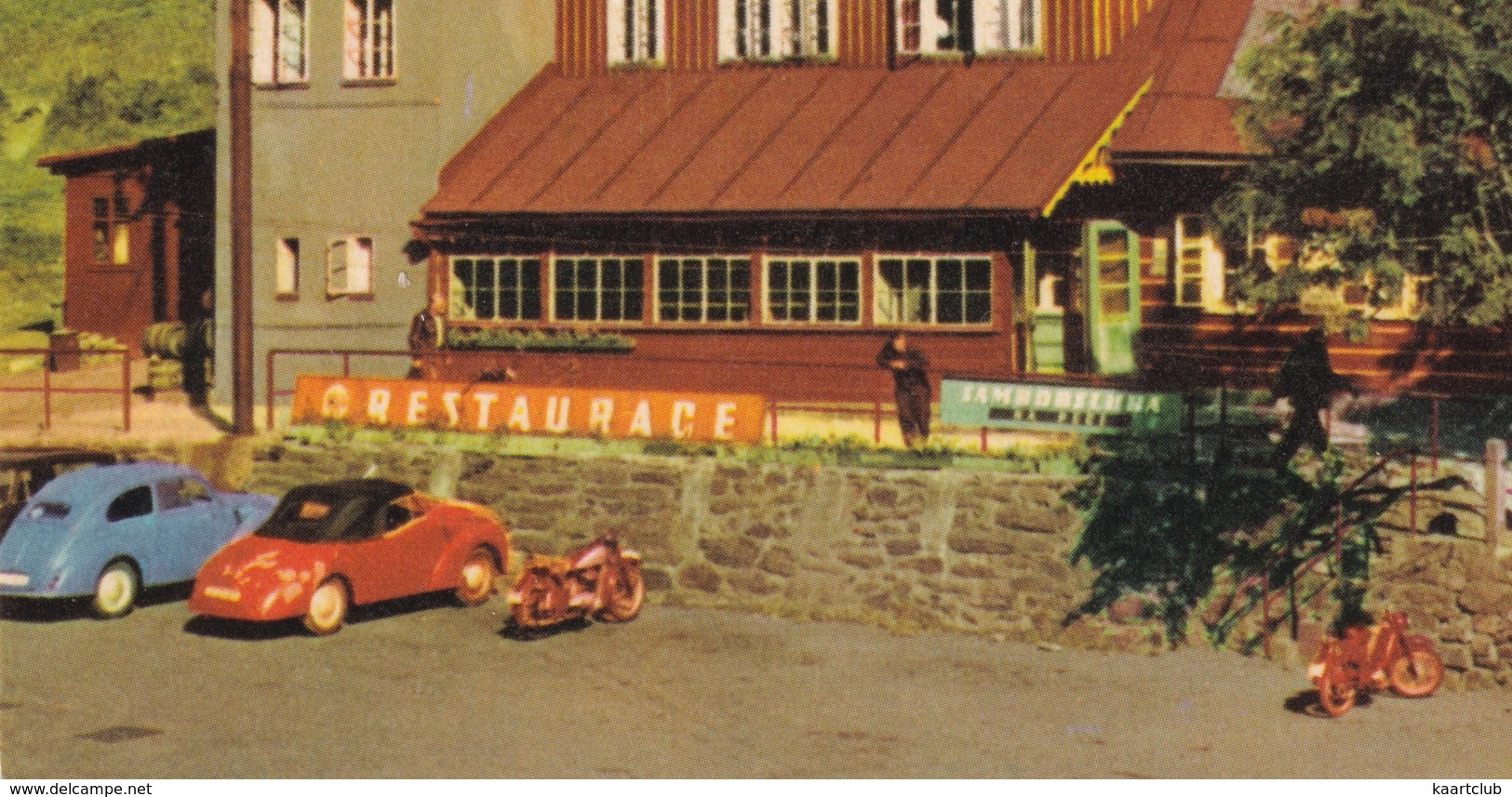 Pec Pod Snezkou: IFA F9 CABRIOLET, SKODA TUDOR, JAWA MOTORCYCLE  - Horská Restaurace 'Hodpoda Na Peci' - (Krkonose,CSSR) - Toerisme