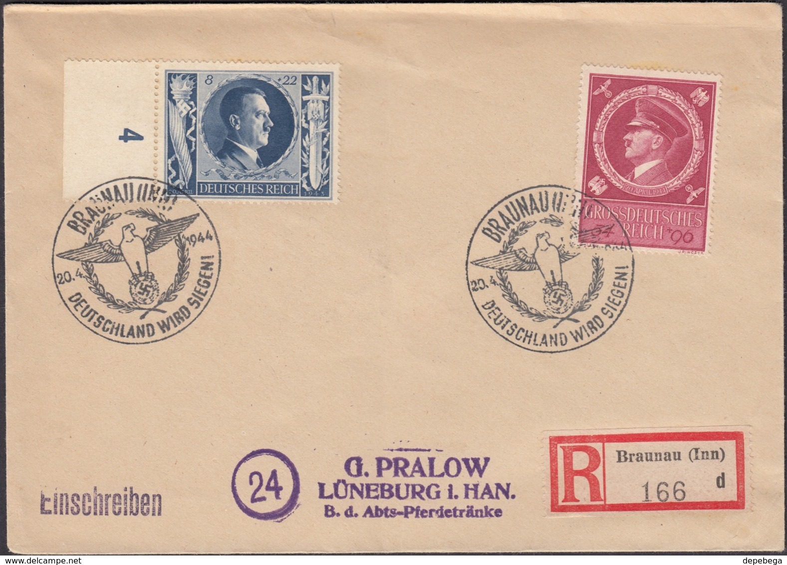 Germany - Reg. Cover, Einschreiben MiF Brief MiNr. 846, 887 Führers Geburtstag. BRAUNAU 20.4.1944 - Lüneburg. - Brieven En Documenten