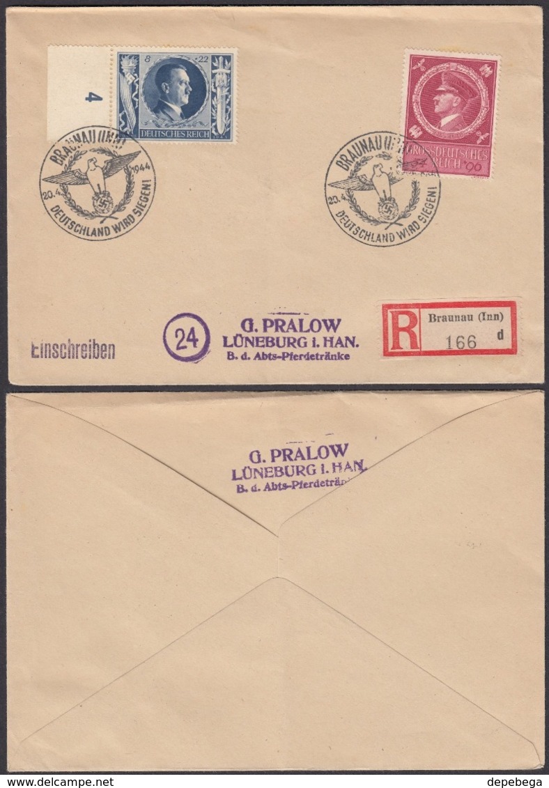 Germany - Reg. Cover, Einschreiben MiF Brief MiNr. 846, 887 Führers Geburtstag. BRAUNAU 20.4.1944 - Lüneburg. - Storia Postale