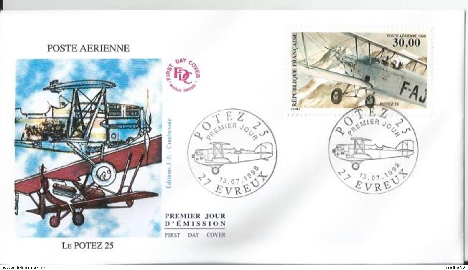 Enveloppe FDC - France - Potez 25 - PA62 - Poste Aérienne30 Francs - 1998  - - 1990-1999