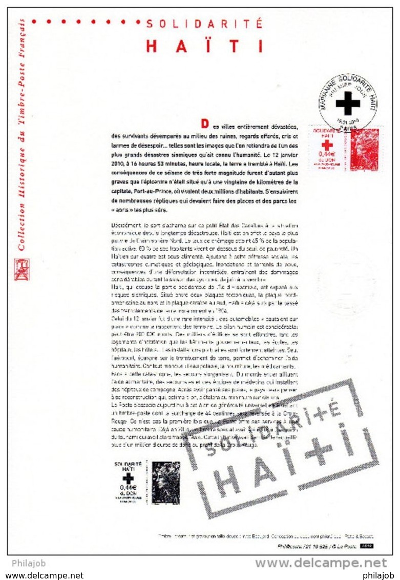 " SOLIDARITE HAITI / MARIANNE DE BEAUJARD " Sur Document Philatélique Officiel 1°Jour De 2010. N° YT 4434. DPO - Cruz Roja