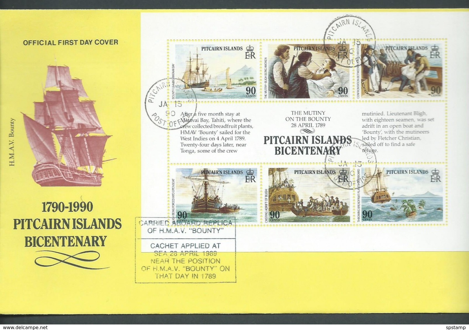 Pitcairn Islands 1989 Bounty  Mutiny Bicentenary Miniature Sheets FU On FDC , Cacheted Aboard Replica Vessel - Pitcairn Islands