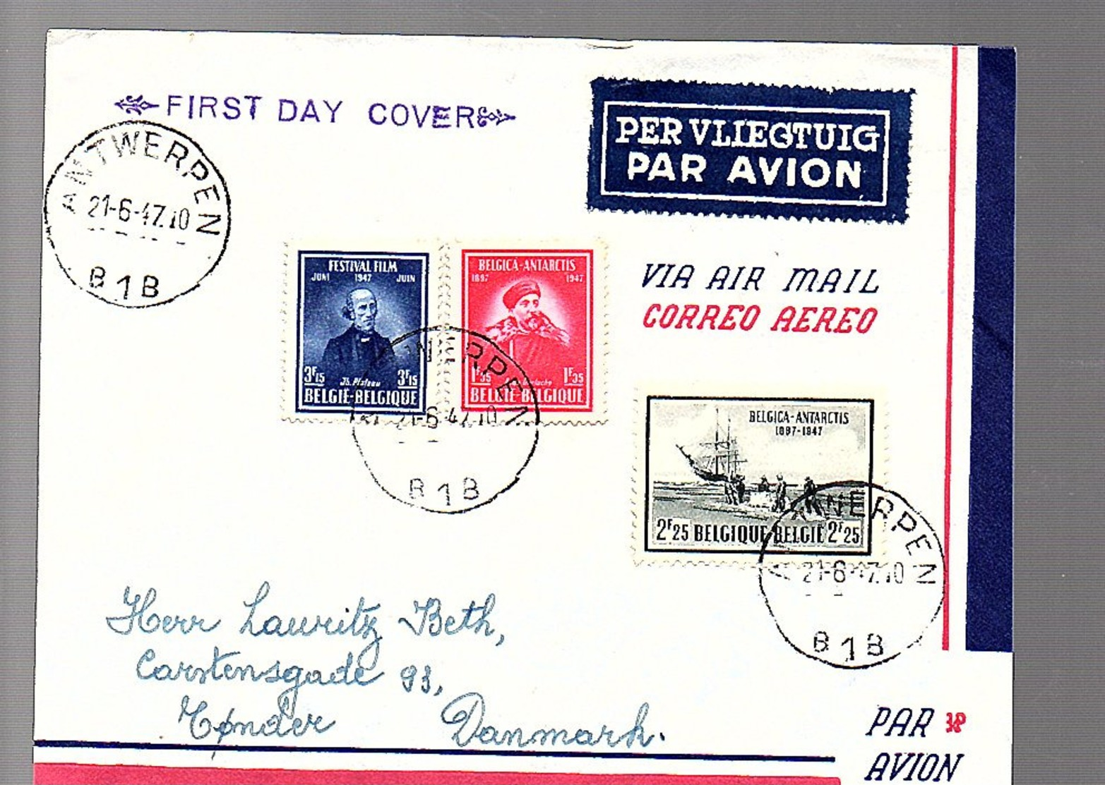 FDC Belgica  Antarctis 1947 > Denmark (743) - ....-1951