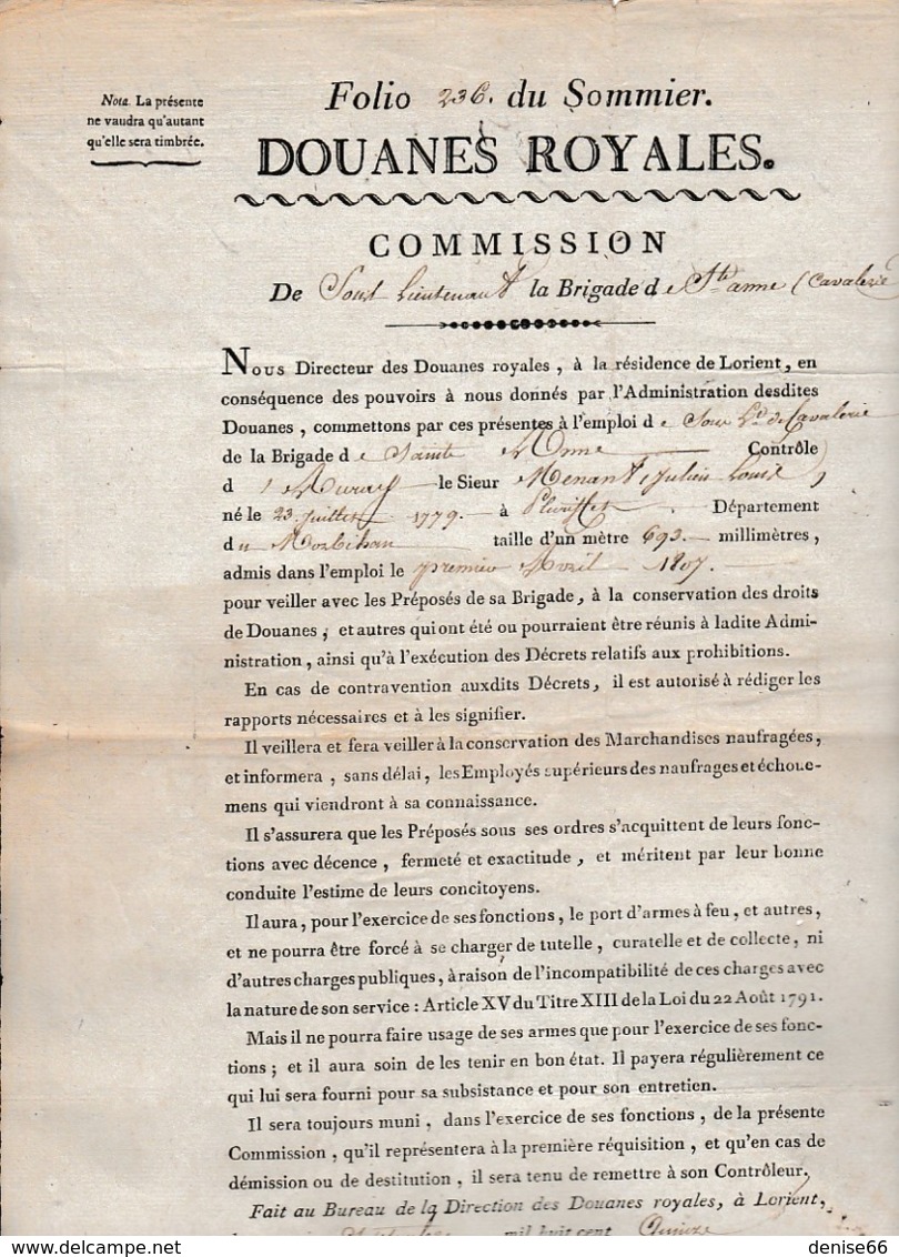 1815 - LORIENT - AURAY - DOUANES ROYALES - Commission De Sous-Lieutenant - Brigade Ste Anne Cavalerie - Documents Historiques