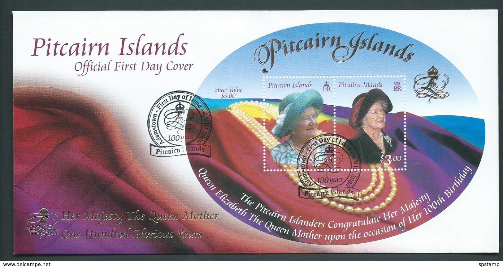 Pitcairn Islands 2000 Queen Mother 100th Birthday Miniature Sheet On FDC Official Unaddressed - Pitcairn Islands