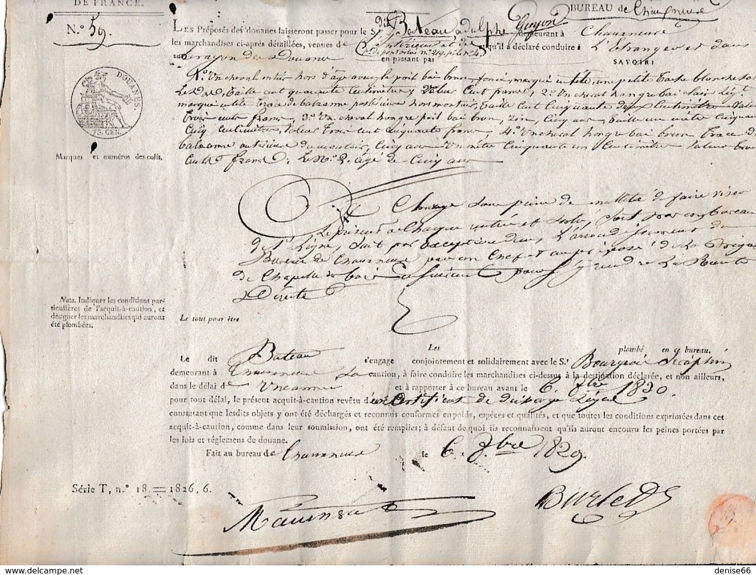 1829 - DOUANES DE FRANCE - BESANÇON - CHAUX NEUVE (Suisse) 3 Chevaux Hongre Hors D'age, Aveugle... - Documenti Storici