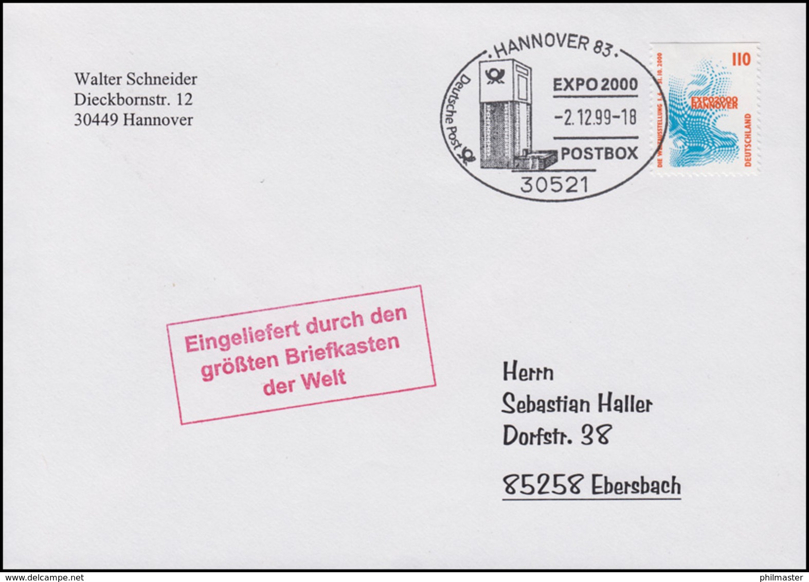 2009C EXPO Hannover EF Brief Größter Briefkasten SSt Hannover Postbox 2.12.99 - Autres & Non Classés