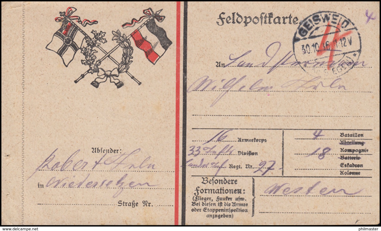 Feldpost Fahnen-Zudruck GEISWEID / Kr. SIEGEN 30.10.16 An Offene Miltäranschrift - Occupation 1914-18