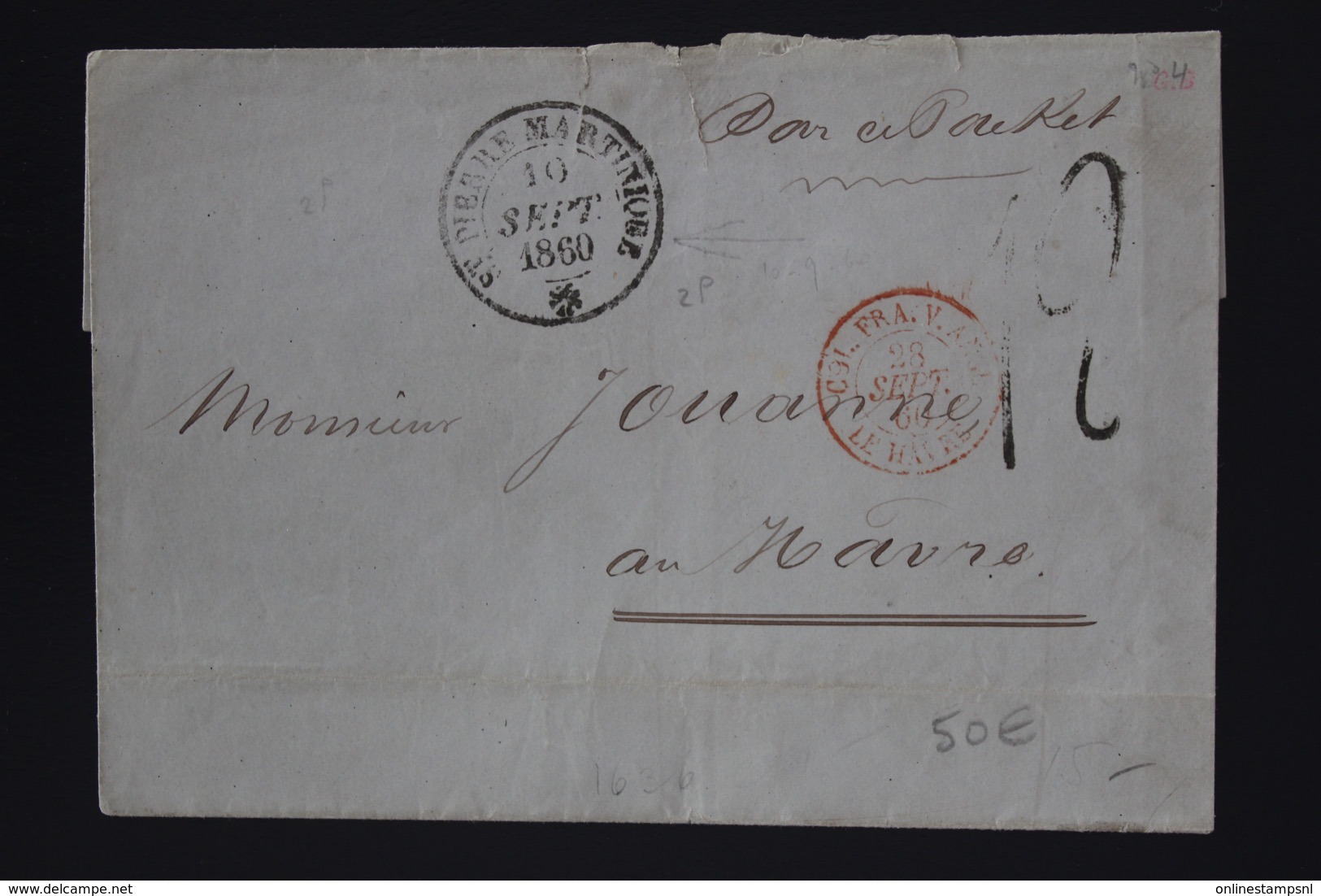 Martinique Cover  St Pierre -> Le Havre   1860 CAD Fleurale - Brieven En Documenten