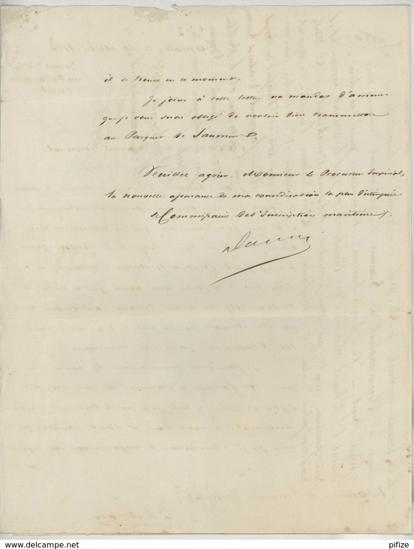 LàC 1858 Procureur Impérial De St-Malo Pour Saumur . Marin Poursuivi Pour Désertion . Tribunal Maritime De Cancale . - Documents Historiques