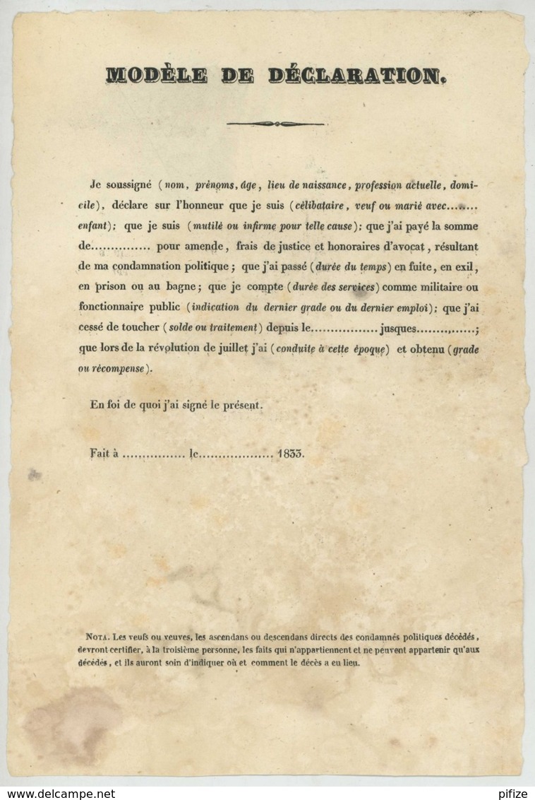 Commission Des Condamnés Politiques Sous La Restauration . Lettre + Modèle De Déclaration . Révolution De Juillet . 1833 - Documents Historiques