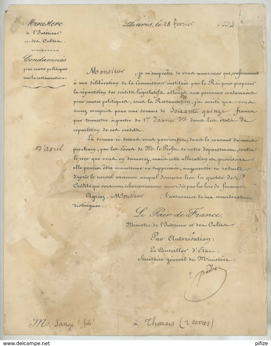 Monarchie De Juillet. Allocation D'une Indemnisation à Un Condamné Politique Sous La Restauration . Saugé à Thouars 1834 - Documents Historiques