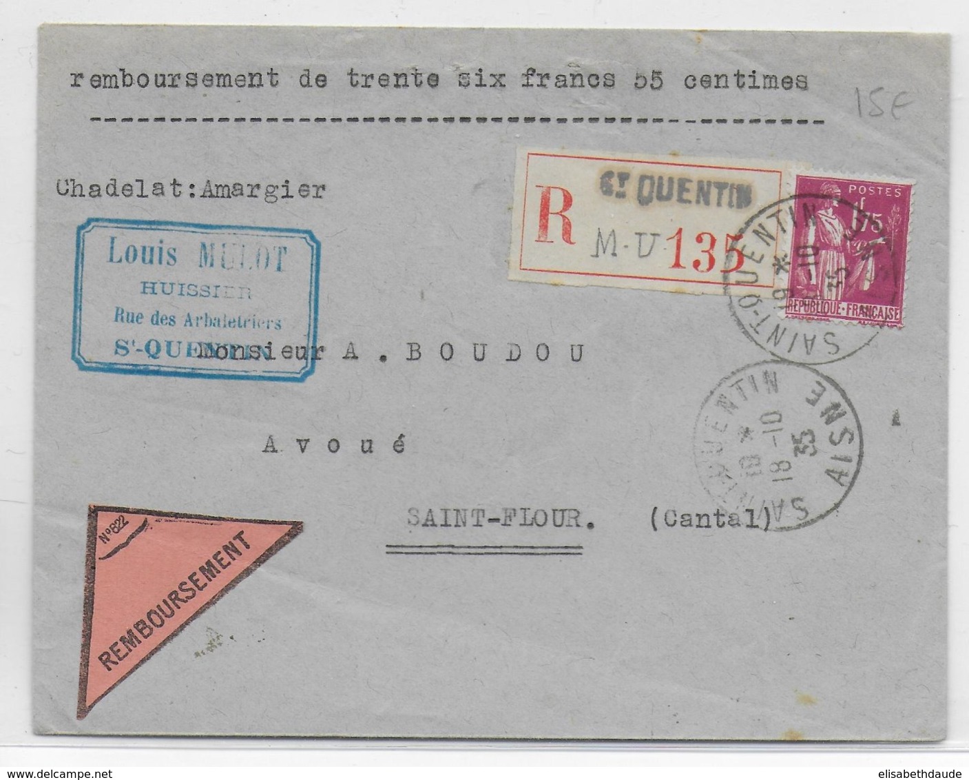 1935 - PAIX YT 289 SEUL Sur ENVELOPPE RECOMMANDEE CONTRE REMBOURSEMENT De ST QUENTIN (AISNE) => ST FLOUR - 1921-1960: Période Moderne