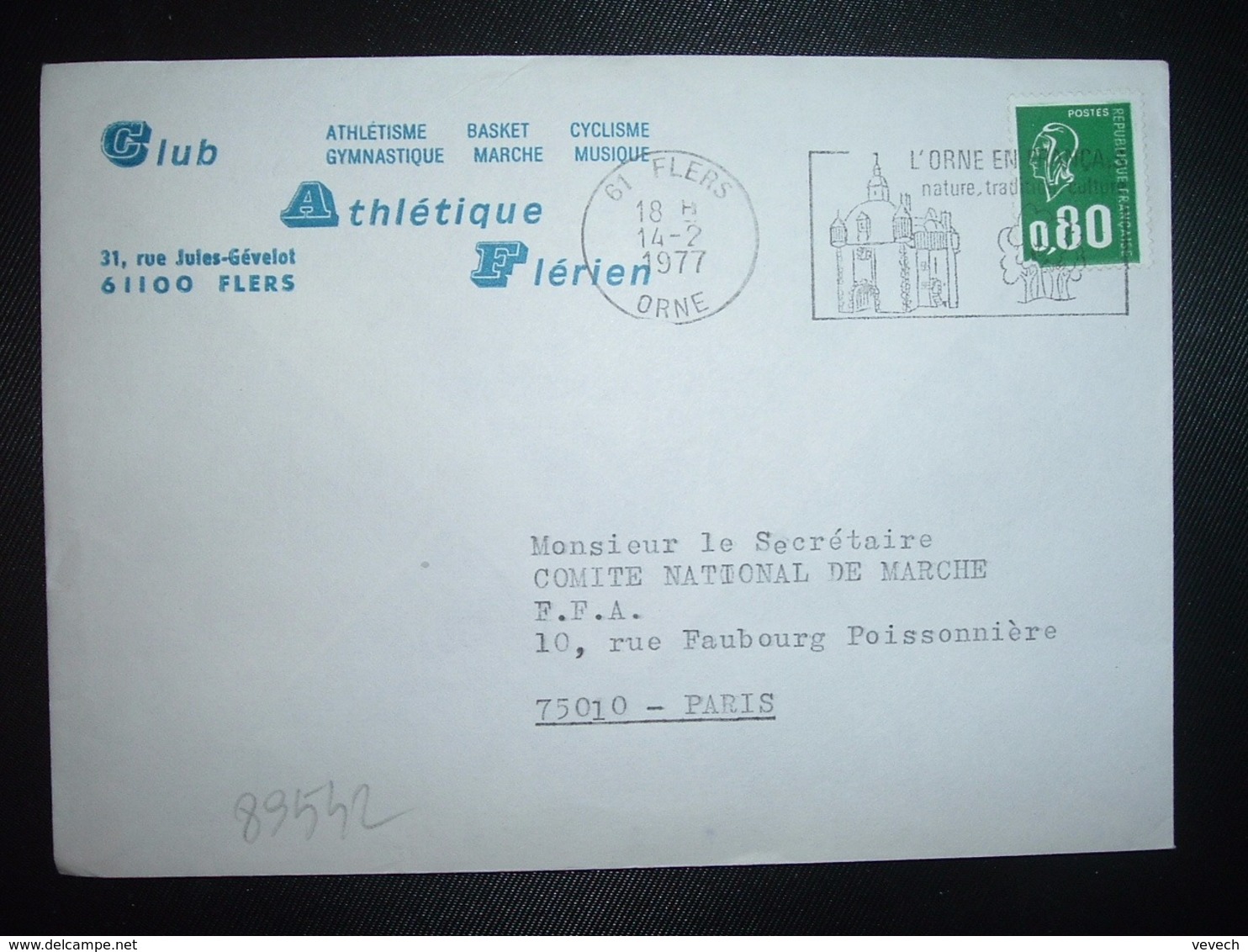 LETTRE TP M. DE BEQUET 0,80 OBL.MEC.14-2 1977 61 FLERS ORNE + CLUB ATHLETIQUE FLERIEN - Autres & Non Classés