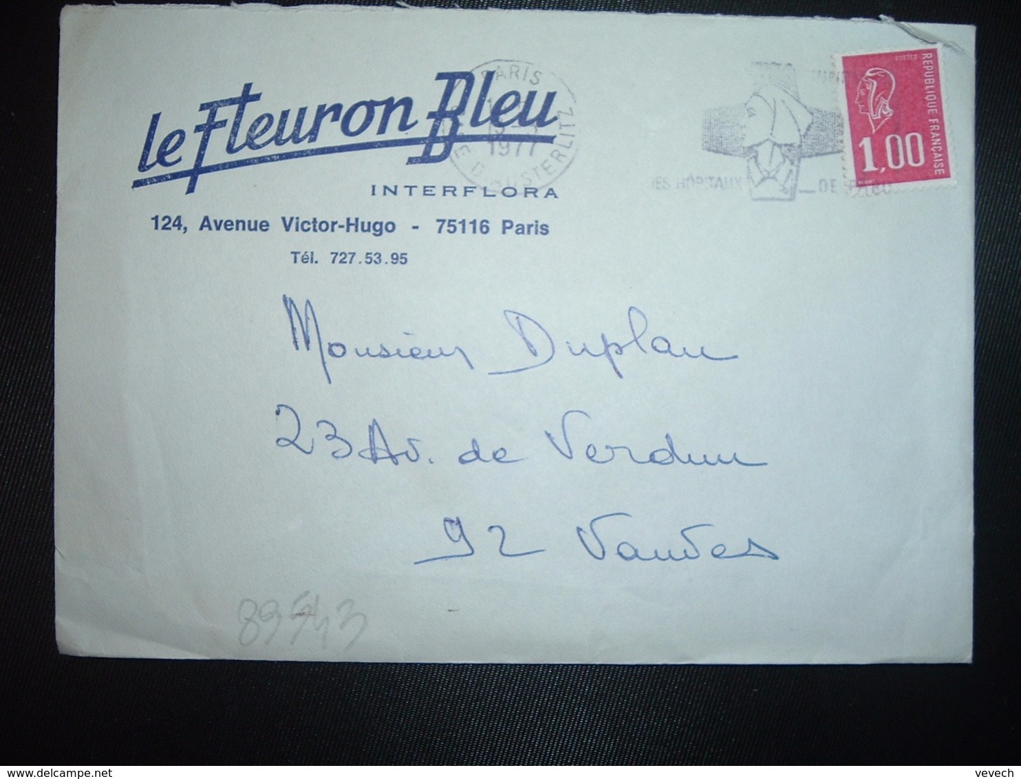 LETTRE TP M. DE BEQUET 1,00 OBL.MEC.13-3 1977 PARIS GARE D'AUSTERLITZ + LE FLEURON BLEU INTERFLORA 75116 PARIS - Autres & Non Classés