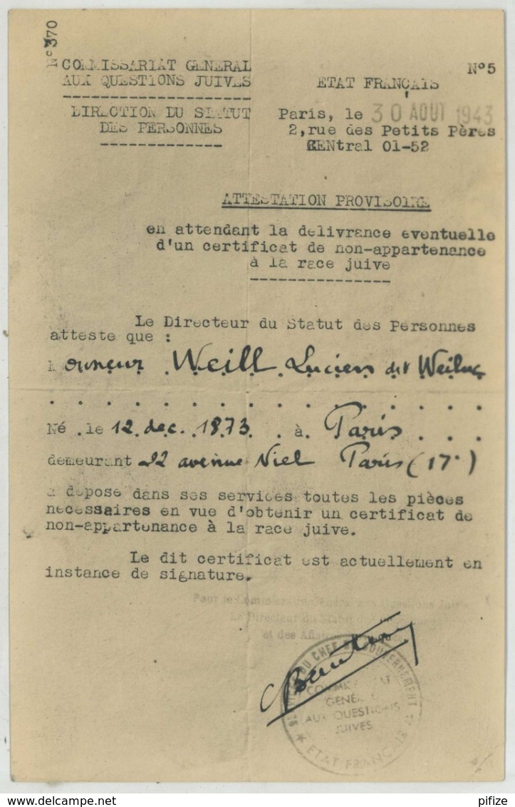 Attestation Provisoire Avant Certificat De Non Appartenance à La Race Juive . Artiste Weiluc . Judaïca . Vichy . 1944 . - Documents