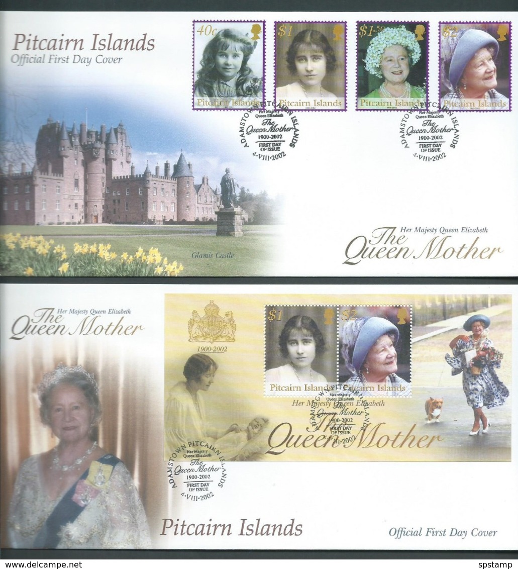 Pitcairn Islands 2002 Queen Mother Memorial Set Of 4 & Miniature Sheet On Two FDC Official Unaddressed - Pitcairn Islands